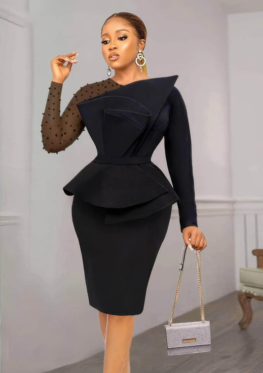 Long Sleeve Beaded Mesh Patchwork Peplum Dress