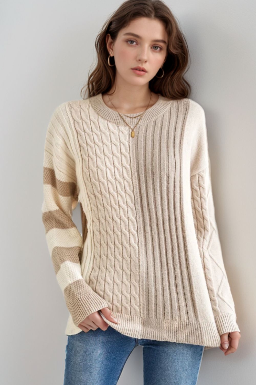 Cable-Knit Color Block Round Neck Sweater