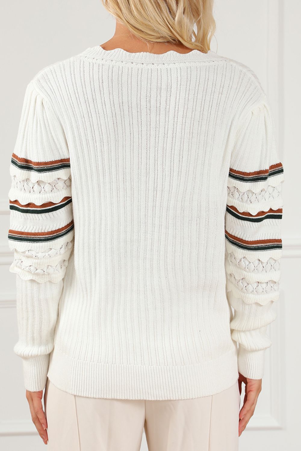 Striped Hollow Out Round Neck Long Sleeve Sweater