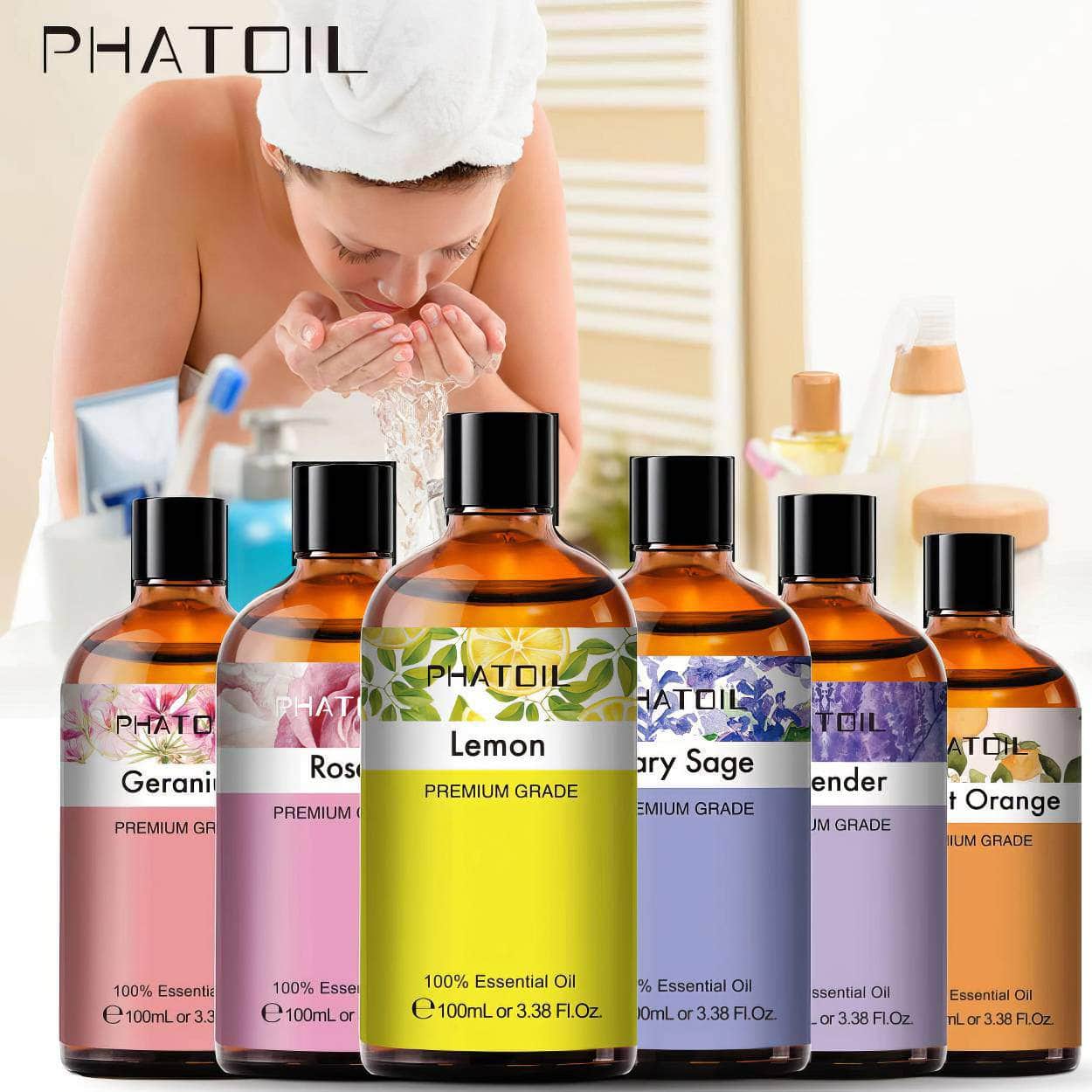 100ml Pure Natural Essential Oils Diffuser: Skin Care with Rose, Orange, Lemon, Lavender, Rose Geranium, Chamomile, Avocado Aroma Oil