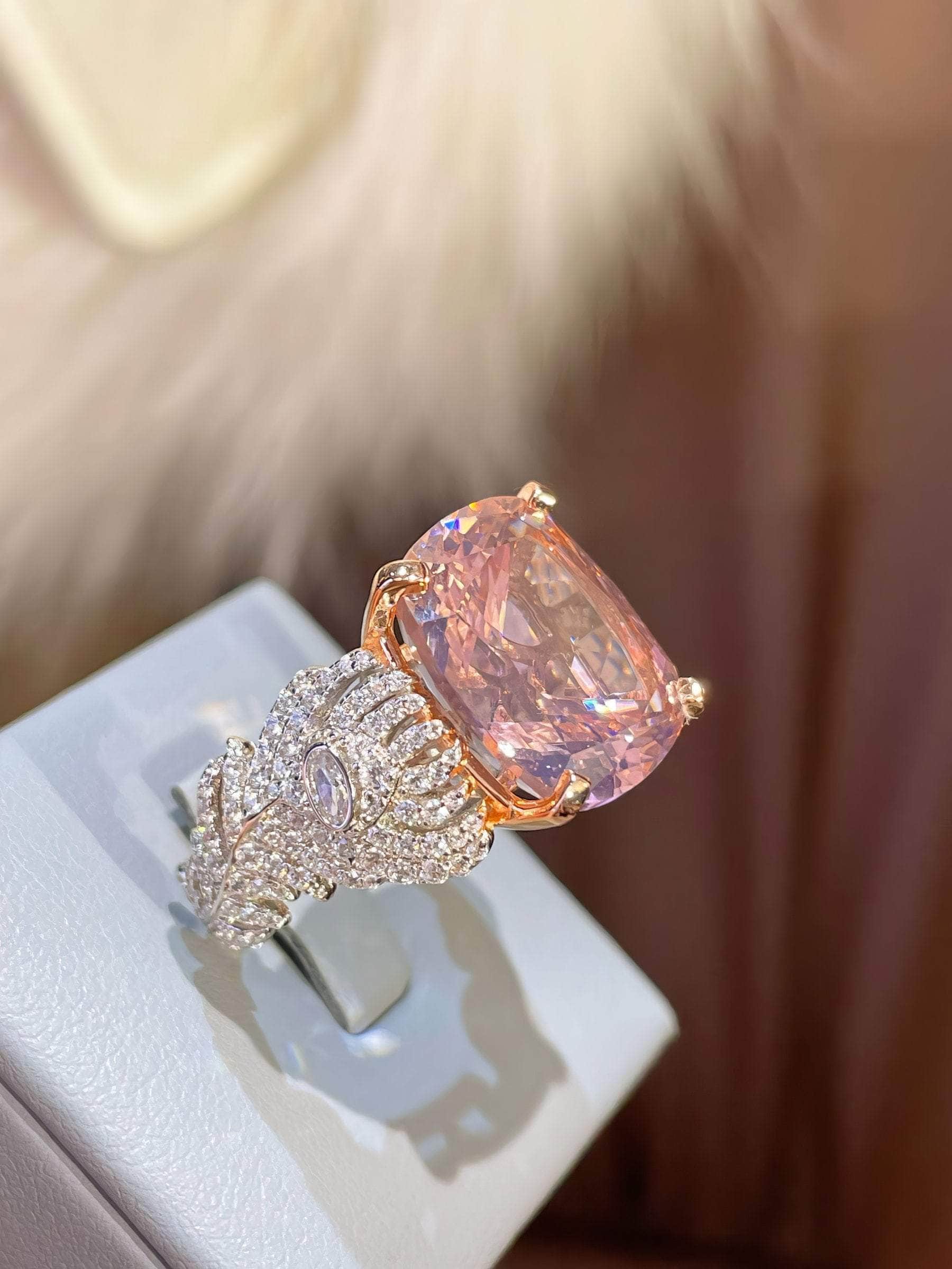 10K White Lab Simulated Pink Diamond Crystal Gemstone Statement Ring