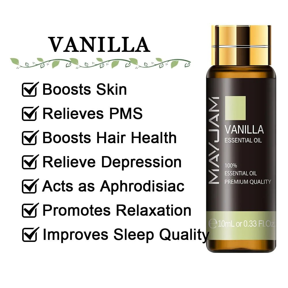 10ml Pure Lavender, Eucalyptus, Rose, Lemon, Jasmine, Vanilla, Mint, Sandalwood, Bergamot, Tea Tree Essential Oils for Diffuser Aroma Vanilla / 10ml / CHINA