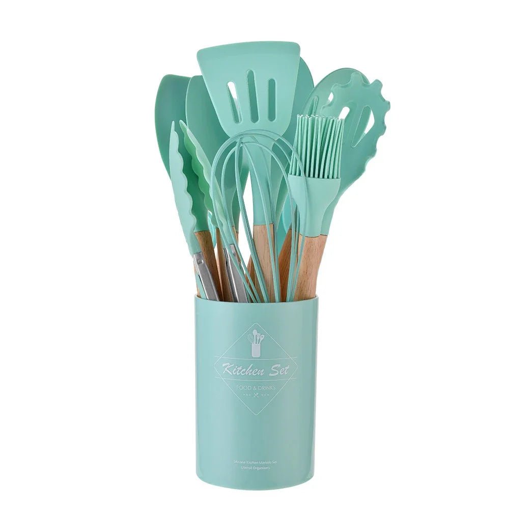 12PCS Non-Stick Silicone Kitchen Utensils Set Green 12Pcs