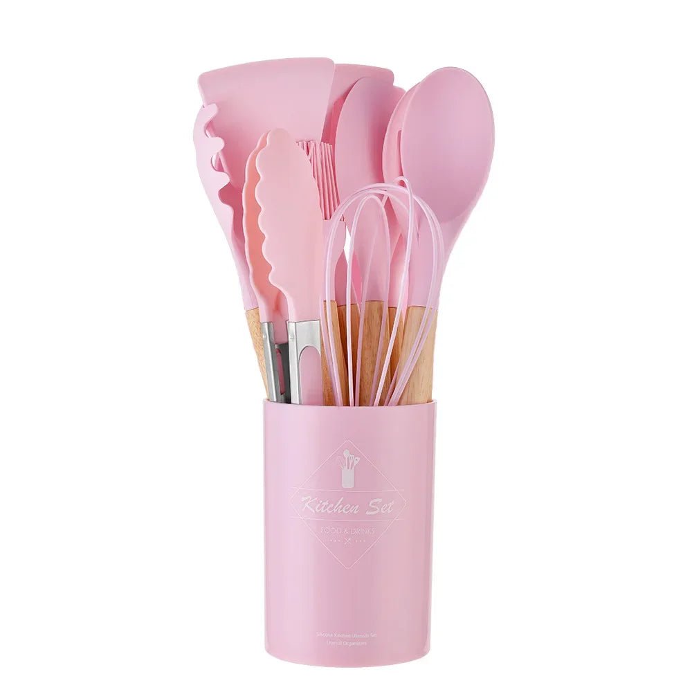 12PCS Non-Stick Silicone Kitchen Utensils Set Pink 12Pcs