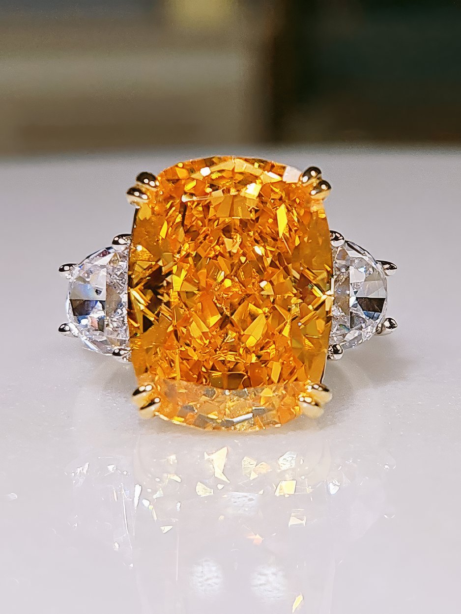 14 Ct Fancy Orange Lab Grown Diamond Cushion Cut Gemstone Ring