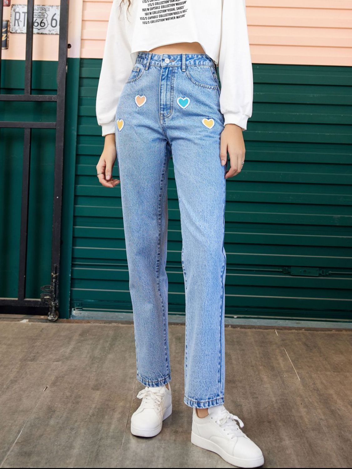 Heart Straight Leg Jeans with Pockets