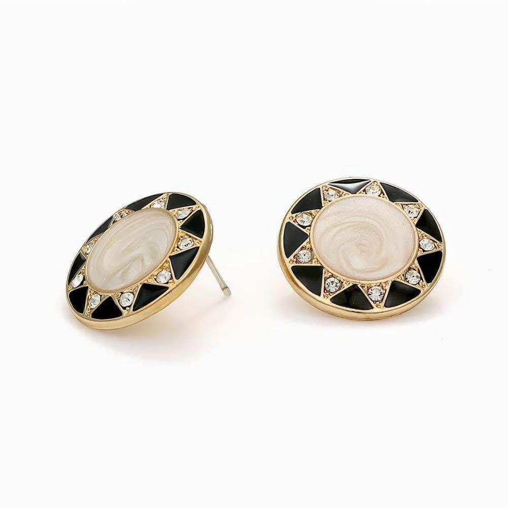 14K Gold Round Rhinestone Studded Enamel Two-Toned Earrings