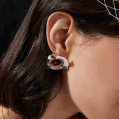 14K Gold Accented Enamel Blue Gemstone Ruby Statement Earrings