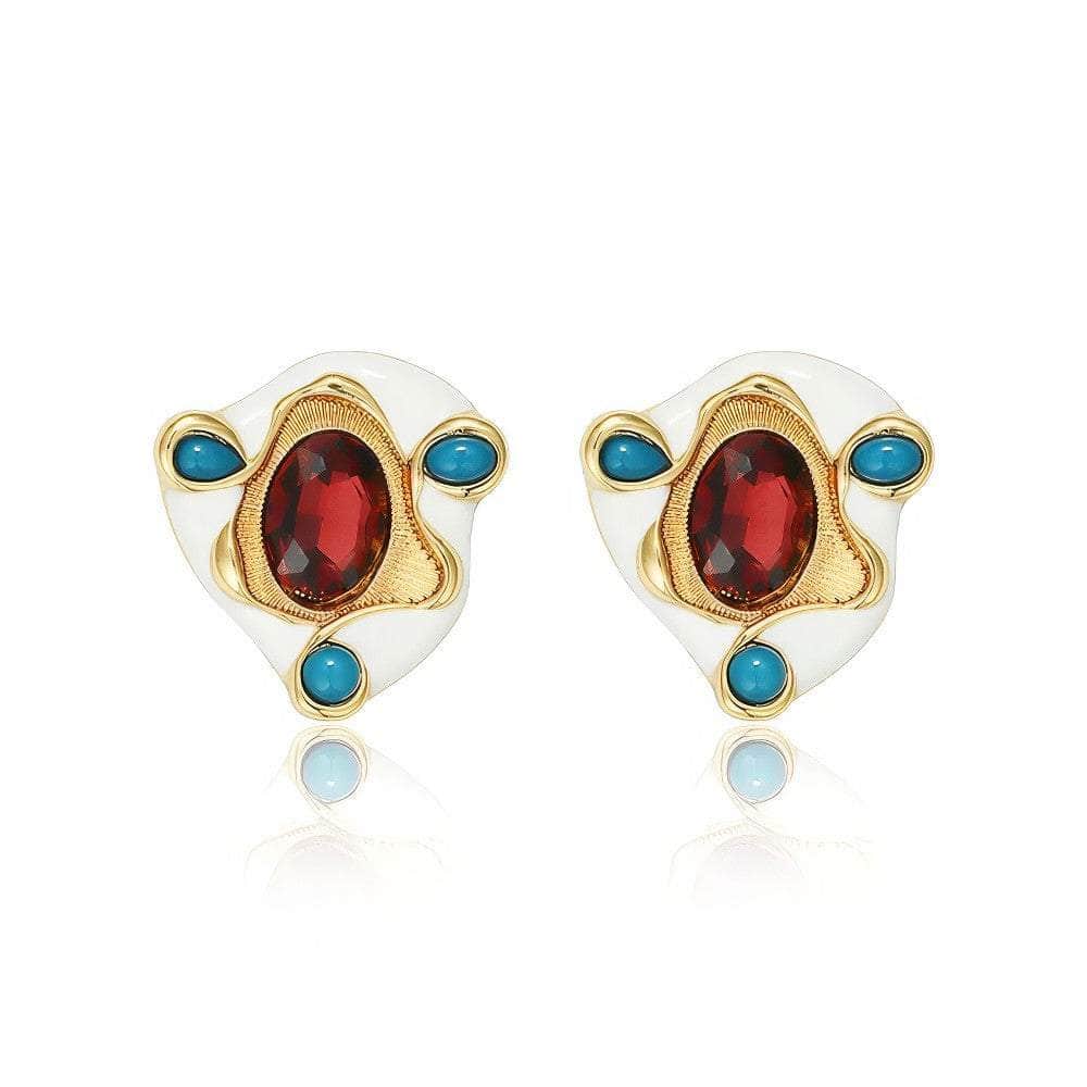 14K Gold Accented Enamel Blue Gemstone Ruby Statement Earrings Multicolor / Clip On
