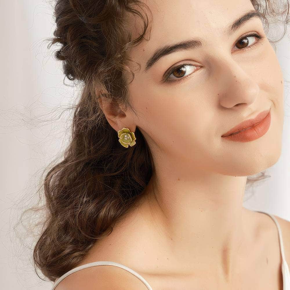 14K Gold Accented Floral Shaped Enamel Rhinestone Earrings