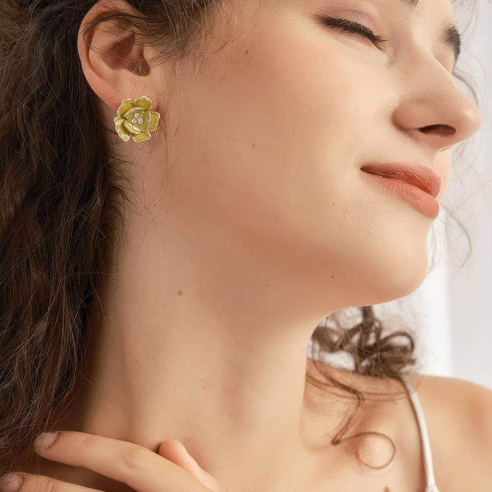 14K Gold Accented Floral Shaped Enamel Rhinestone Earrings