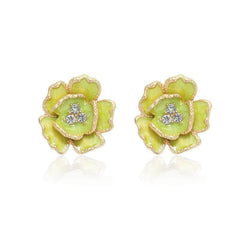 14K Gold Accented Floral Shaped Enamel Rhinestone Earrings Green / Clip On