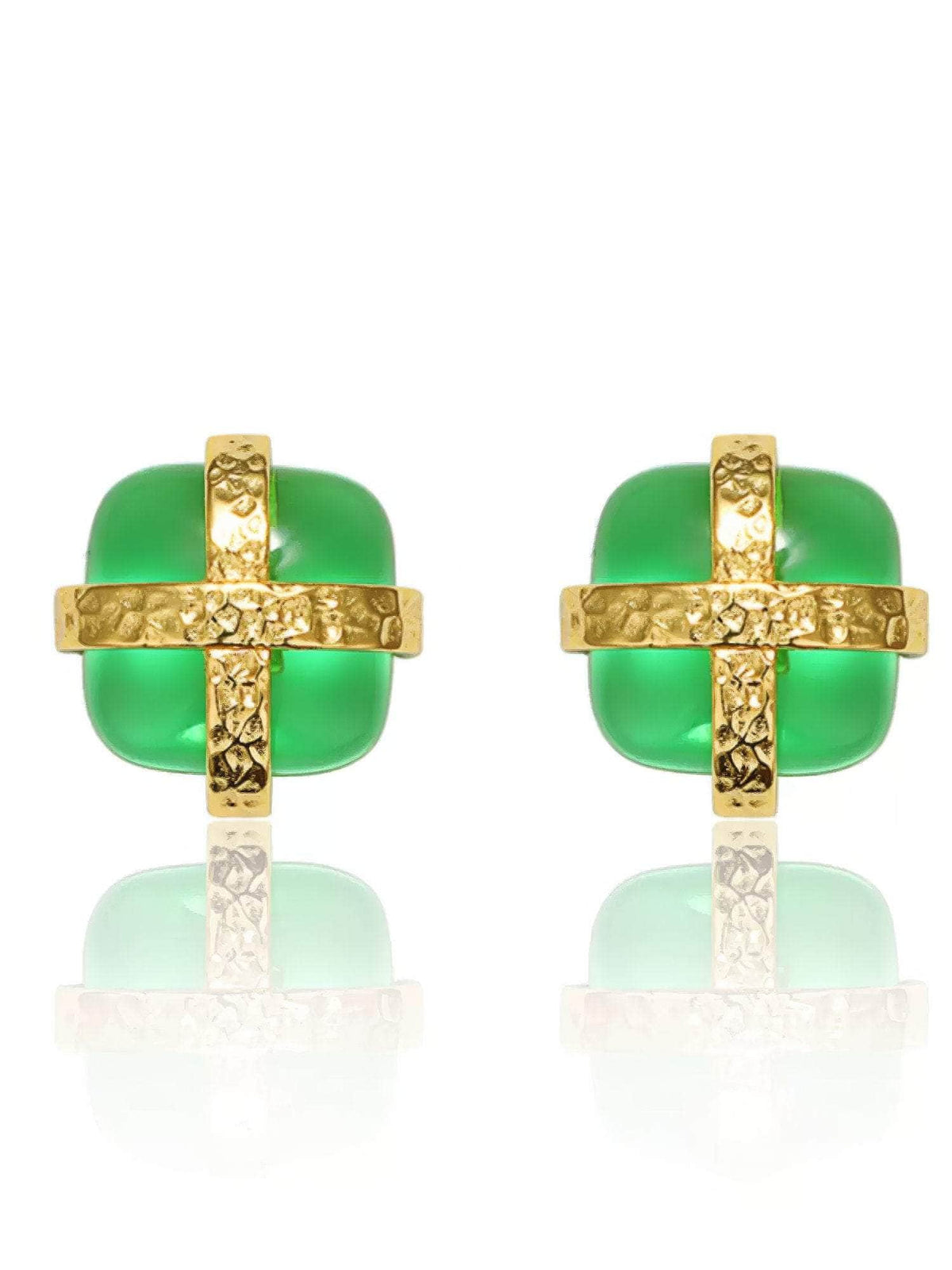 14k Gold Accented Square Gemstone Earrings Green / Clip On