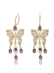 14K Gold Amethyst Butterfly Rhinestone Dangle Earrings Purple / Clip On