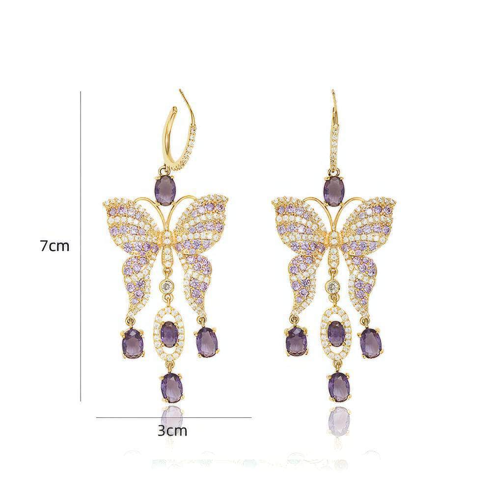 14K Gold Amethyst Butterfly Rhinestone Dangle Earrings Purple / Clip On