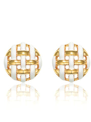 14K Gold Basket Weave Enamel Earrings White / Clip On