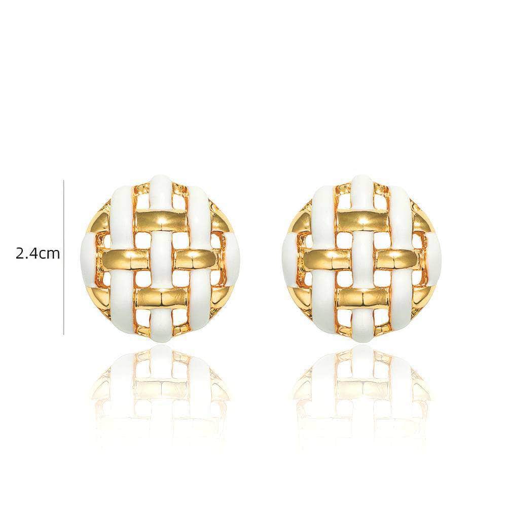 14K Gold Basket Weave Enamel Earrings White / Clip On