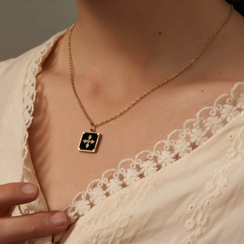 14k Gold Black Enamel Square Cross Pendant Necklace Black