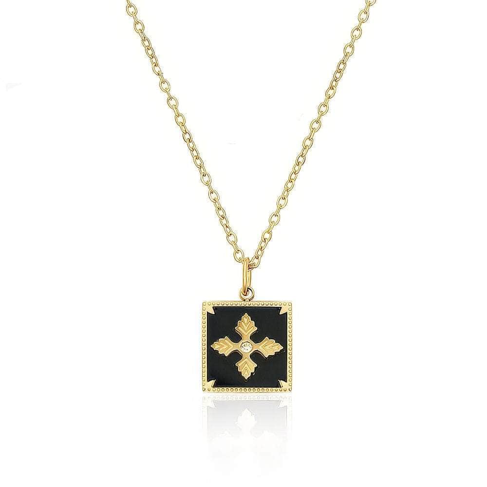 14k Gold Black Enamel Square Cross Pendant Necklace Black