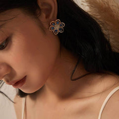 14K Gold Blue Sapphire Floral Stud Earrings