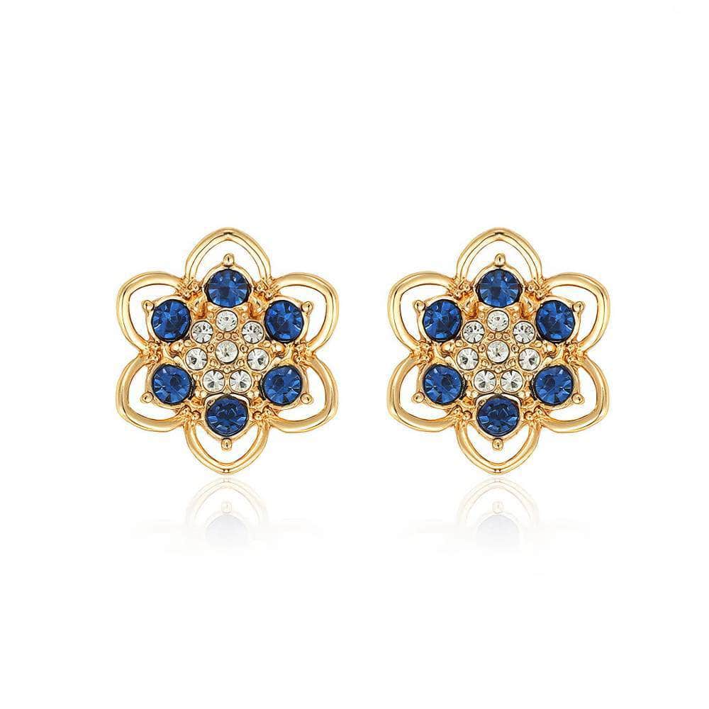 14K Gold Blue Sapphire Floral Stud Earrings Blue / Clip On