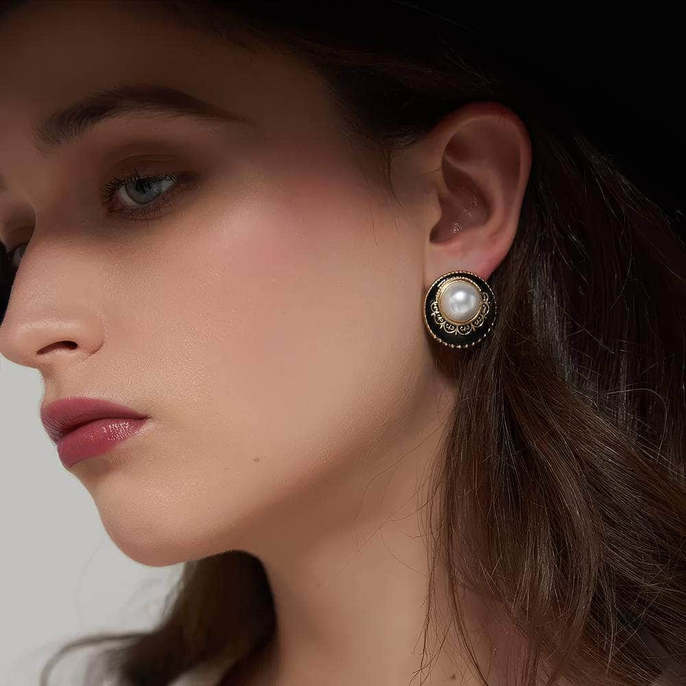 14K Gold Bohemian Stud Enamel Earrings Black