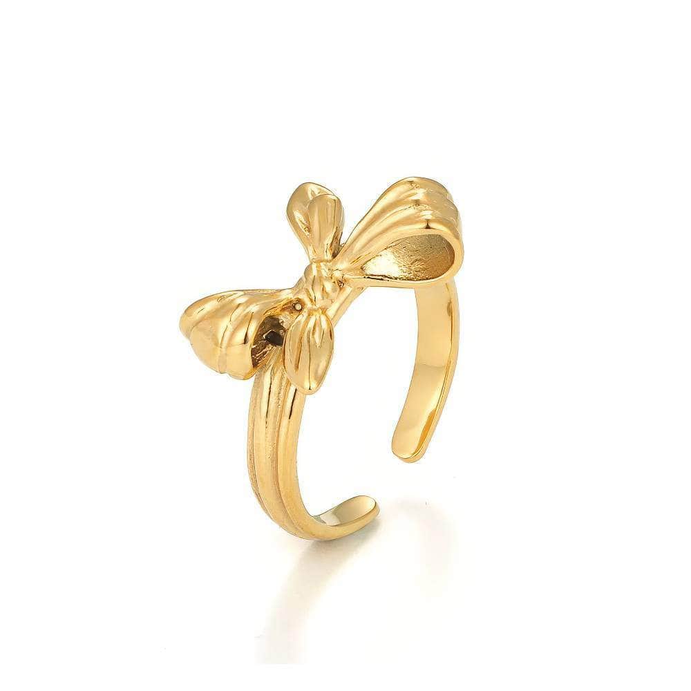 14k Gold Bow Deco Accented Cuff Ring Adjustable / Gold