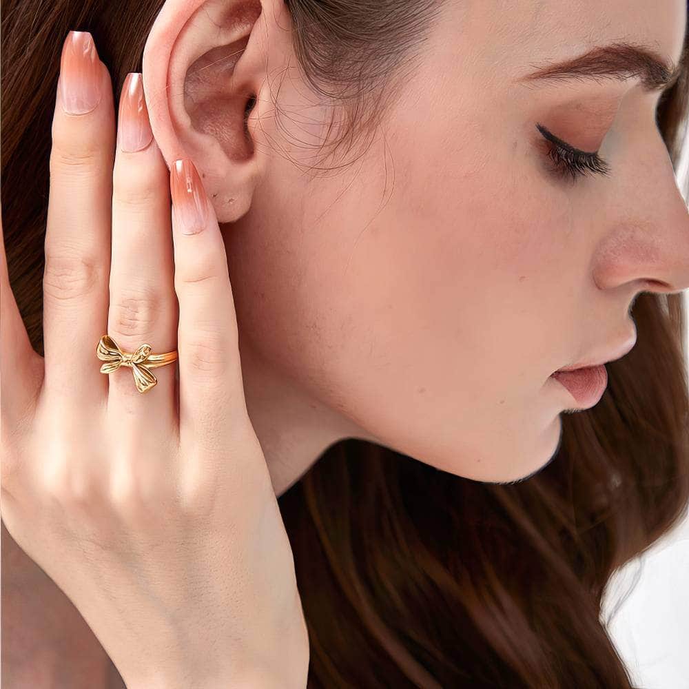 14k Gold Bow Deco Accented Cuff Ring Adjustable / Gold
