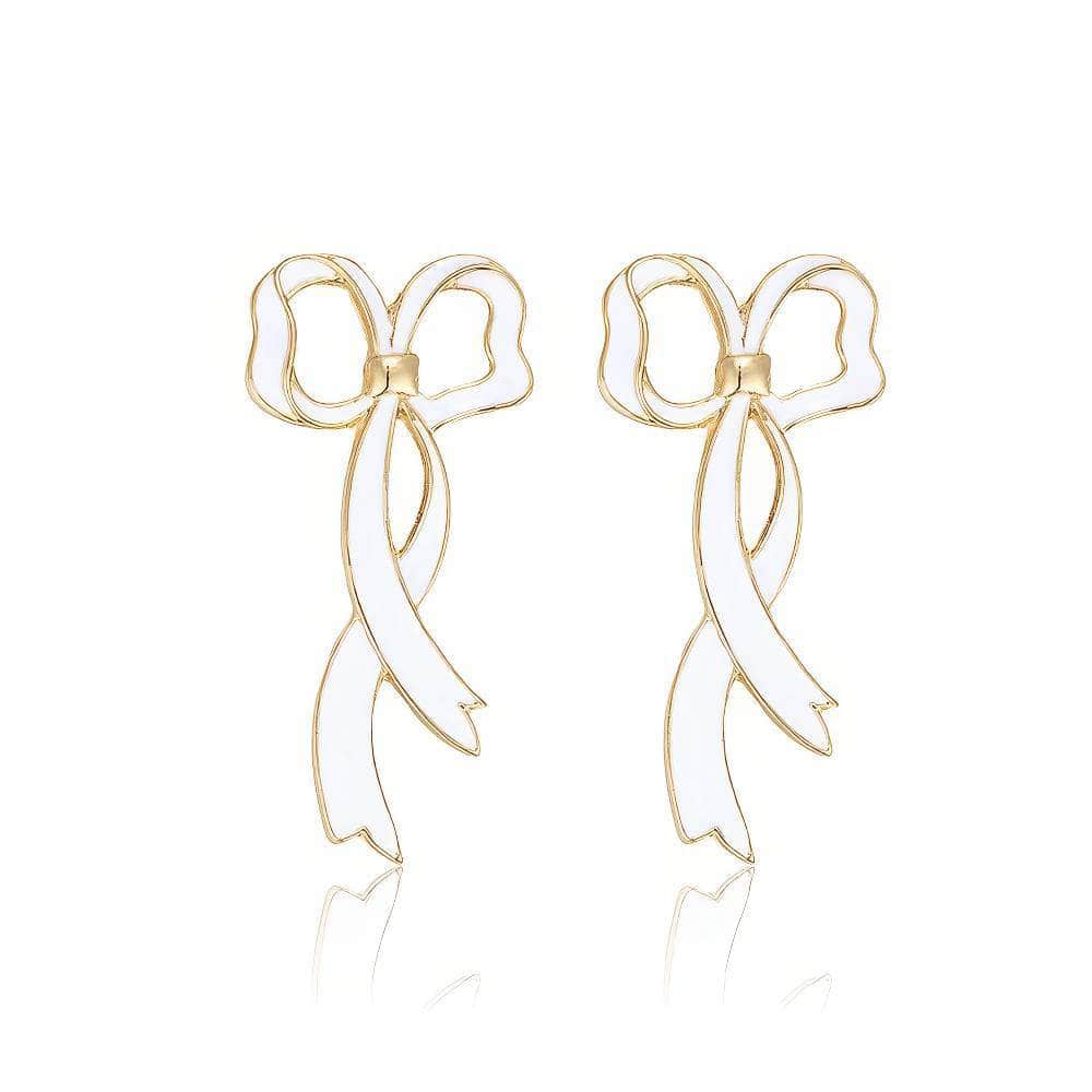 14K Gold Bowtie Shape Statement Earrings White / Clip On