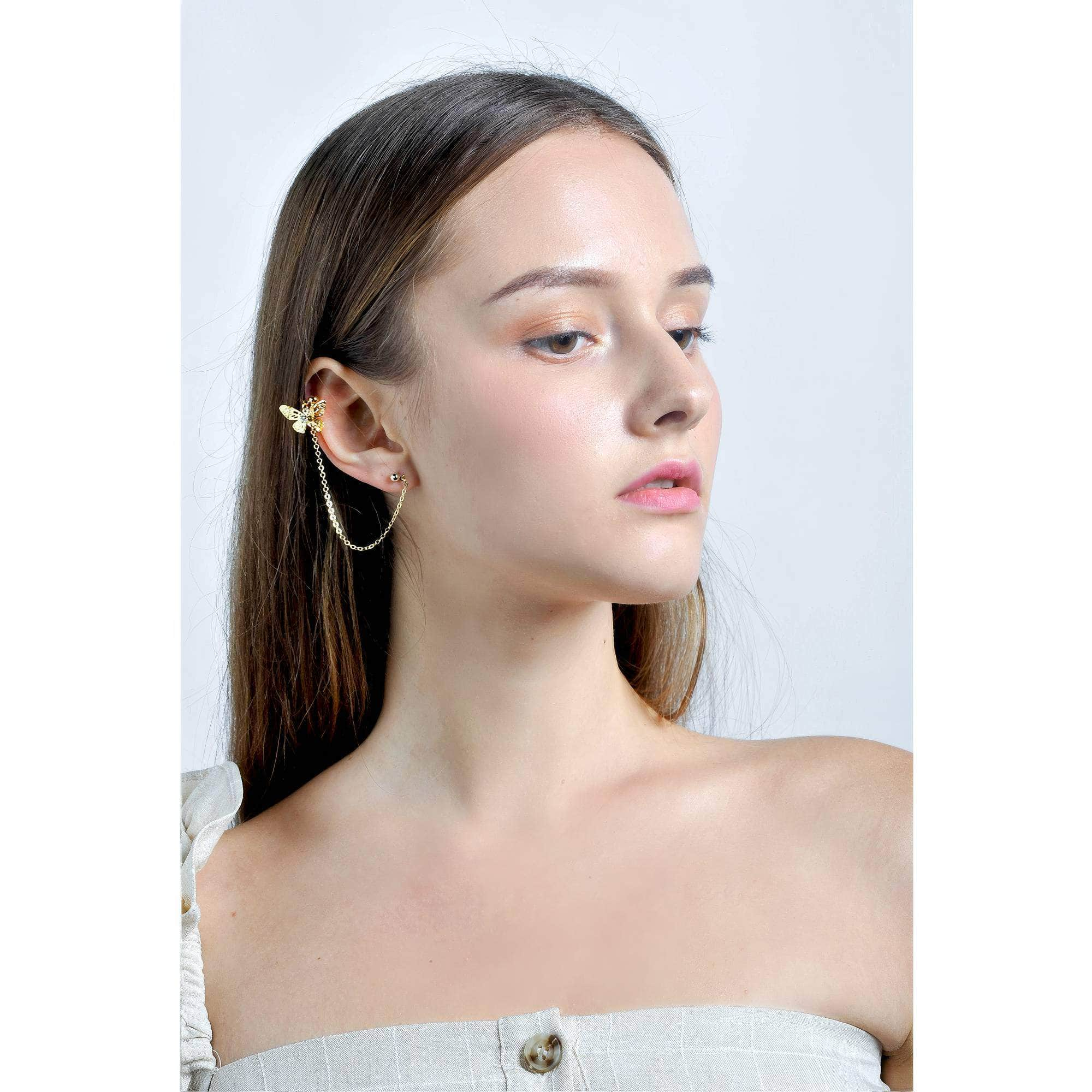 14k Gold Butterfly Clasp Chain Earclip Earrings Gold / Clip On