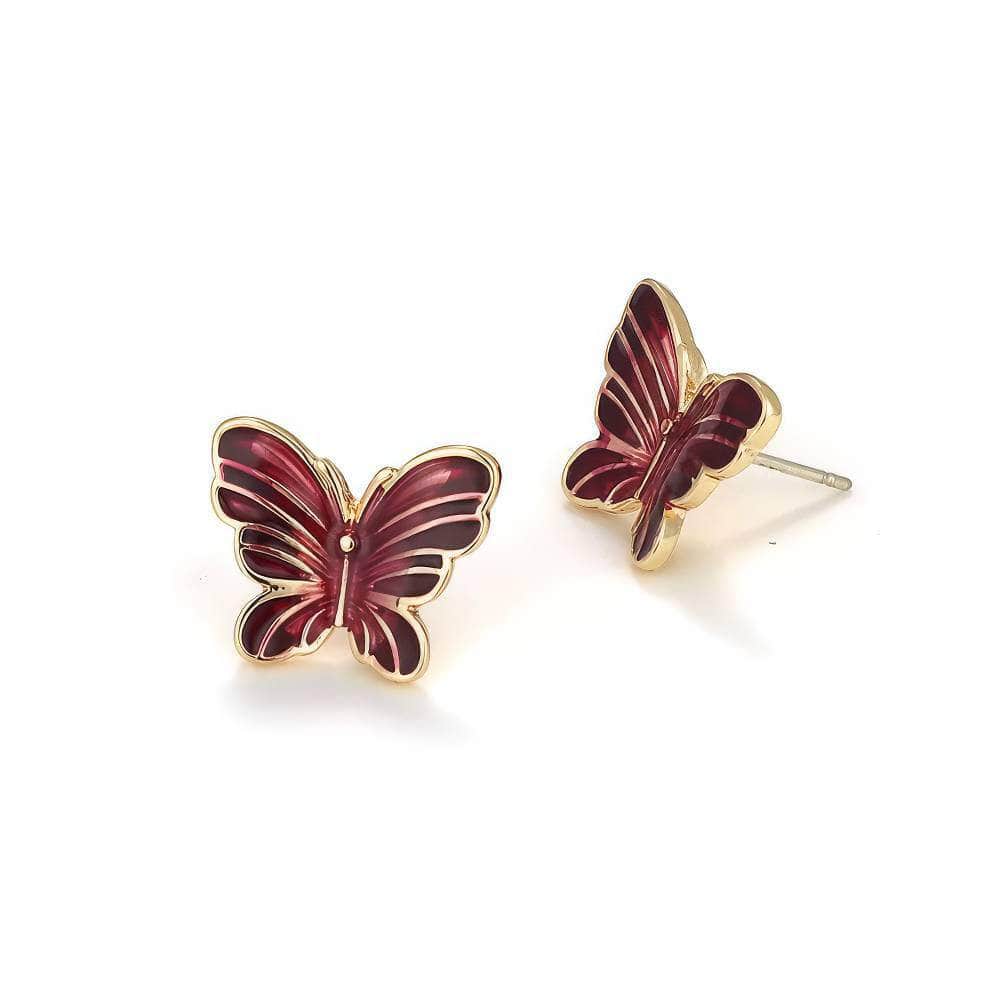 14k Gold Butterfly Deco Stud Earrings DarkRed