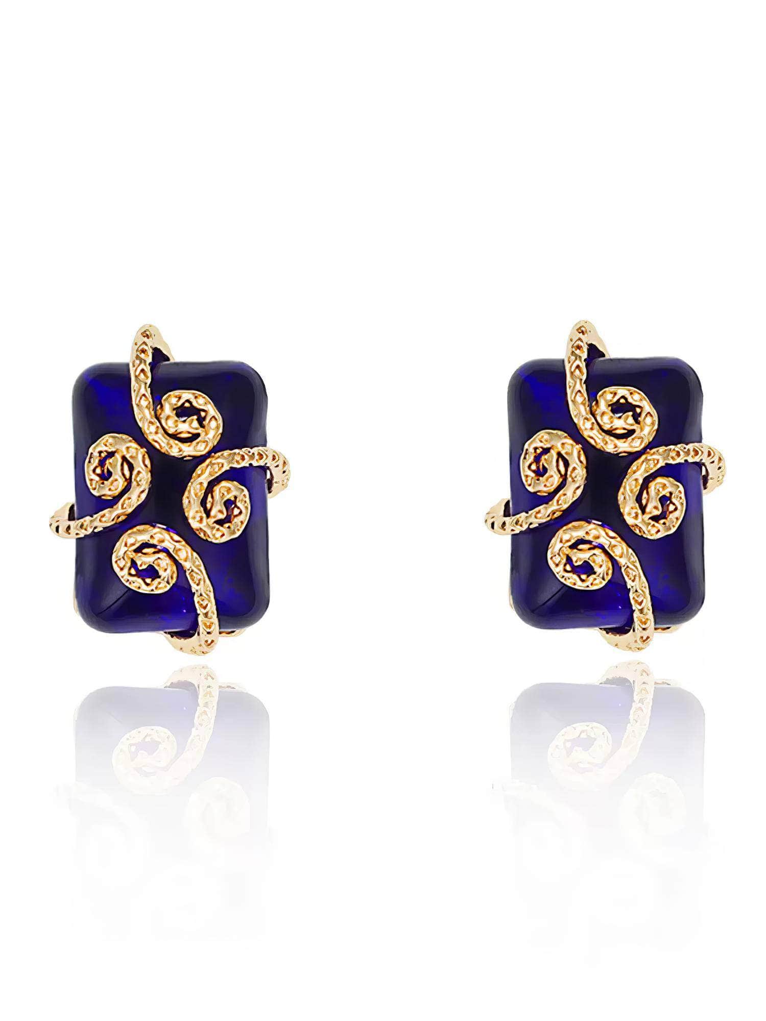14K Gold Cable Wrap Glazed Gemstone Earrings Blue / Clip On