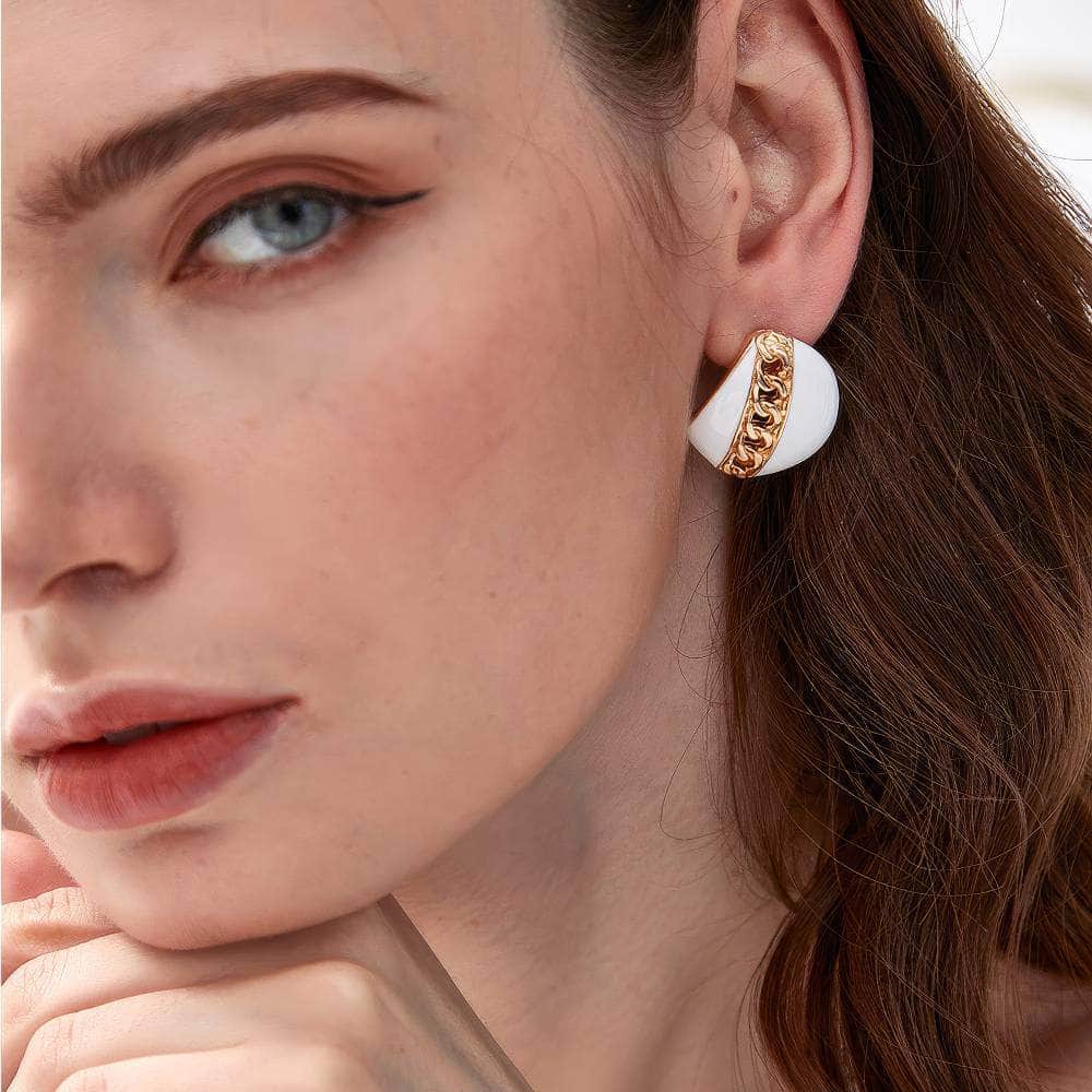 14K Gold Chain Detailed Enamel Statement Earrings White