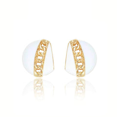 14K Gold Chain Detailed Enamel Statement Earrings White