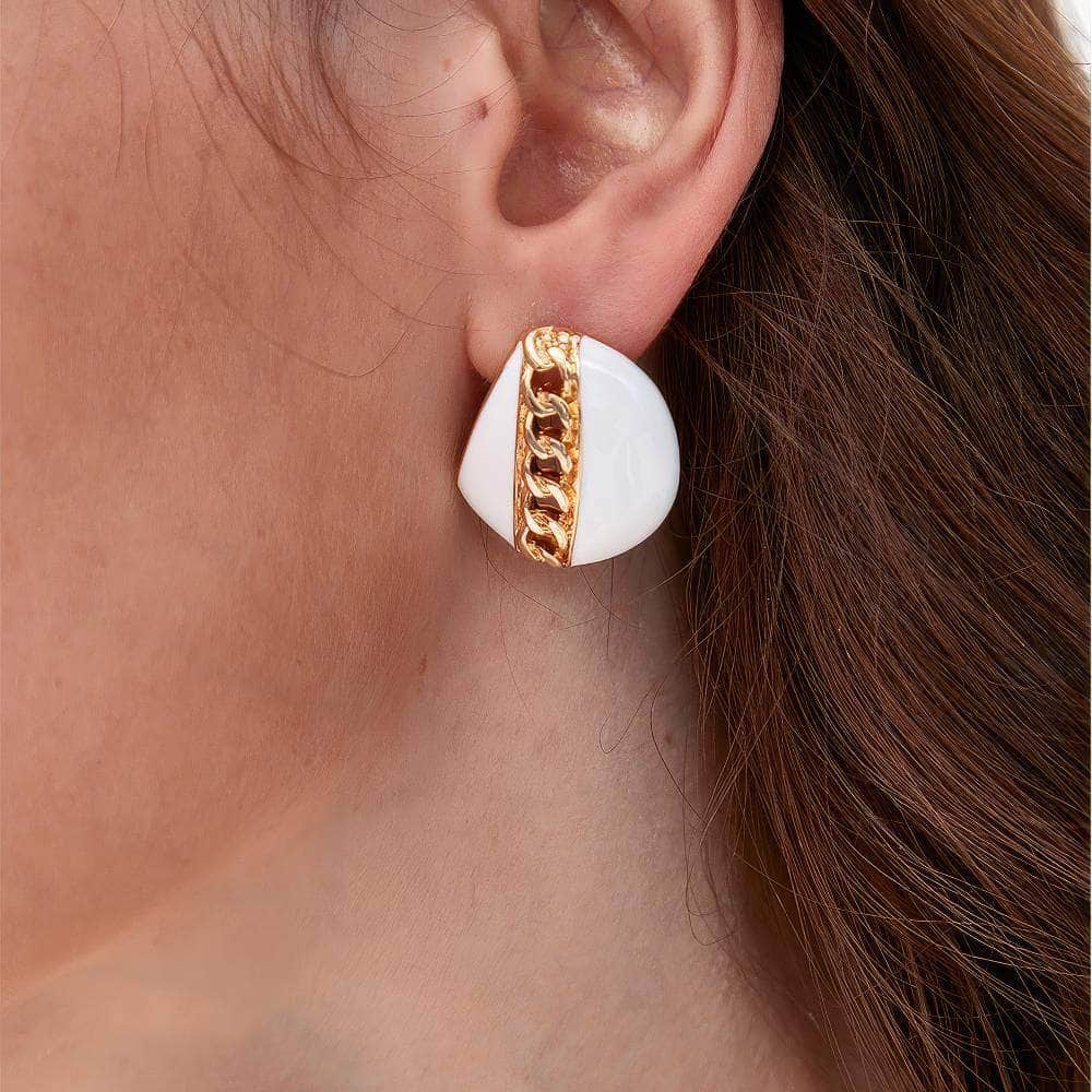 14K Gold Chain Detailed Enamel Statement Earrings White