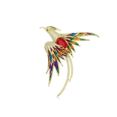 14K Gold Colorful Crystal Phoenix Bird Brooch Multicolor