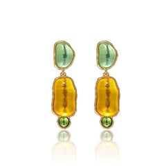 14K Gold Crystal Layered Cabochon Earrings Green / Clip On