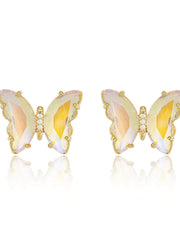 14K Gold Crystal Rhinestone Butterfly Stud Earrings White / Clip On