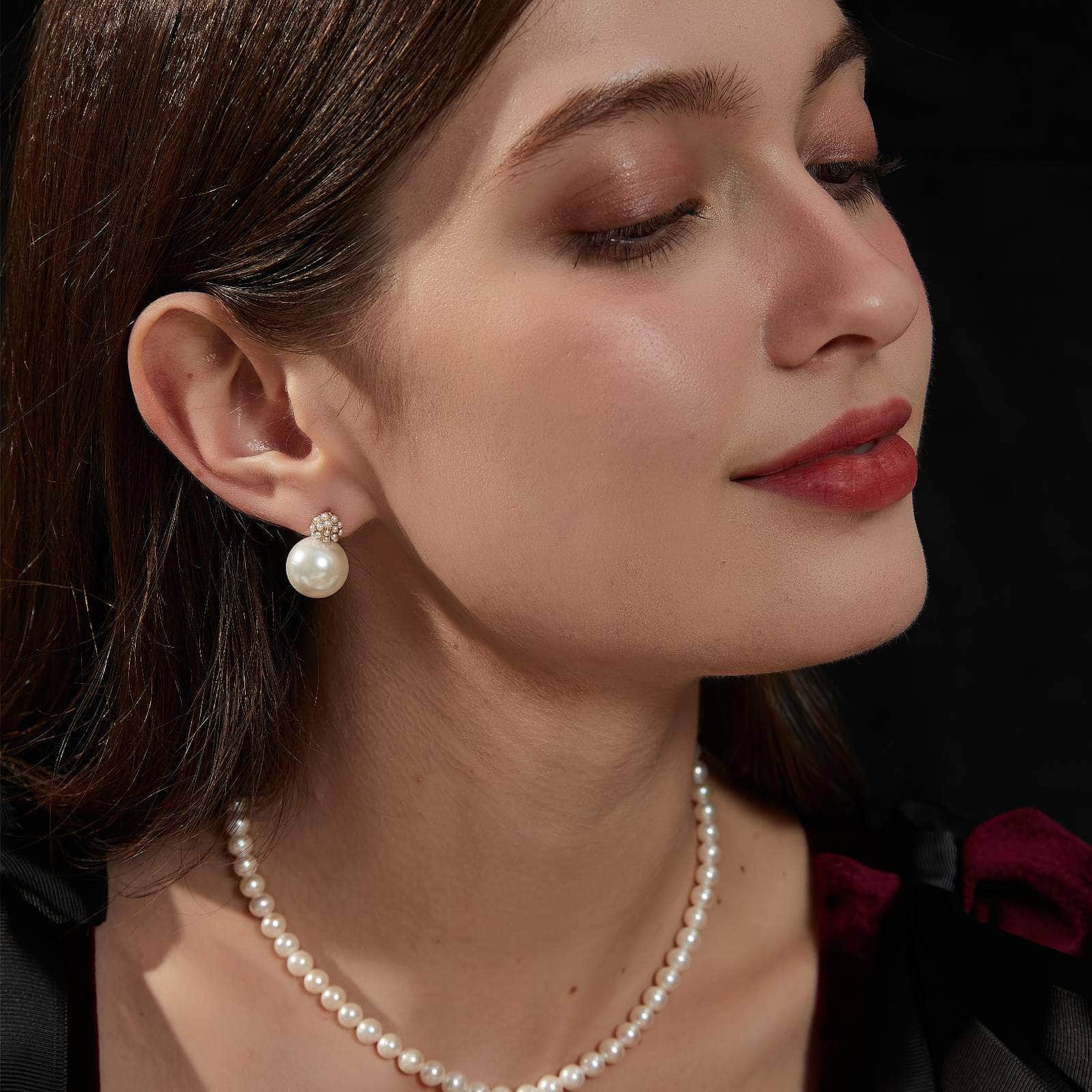 14K Gold Crystal Stones Paved Pearl Studded Earrings