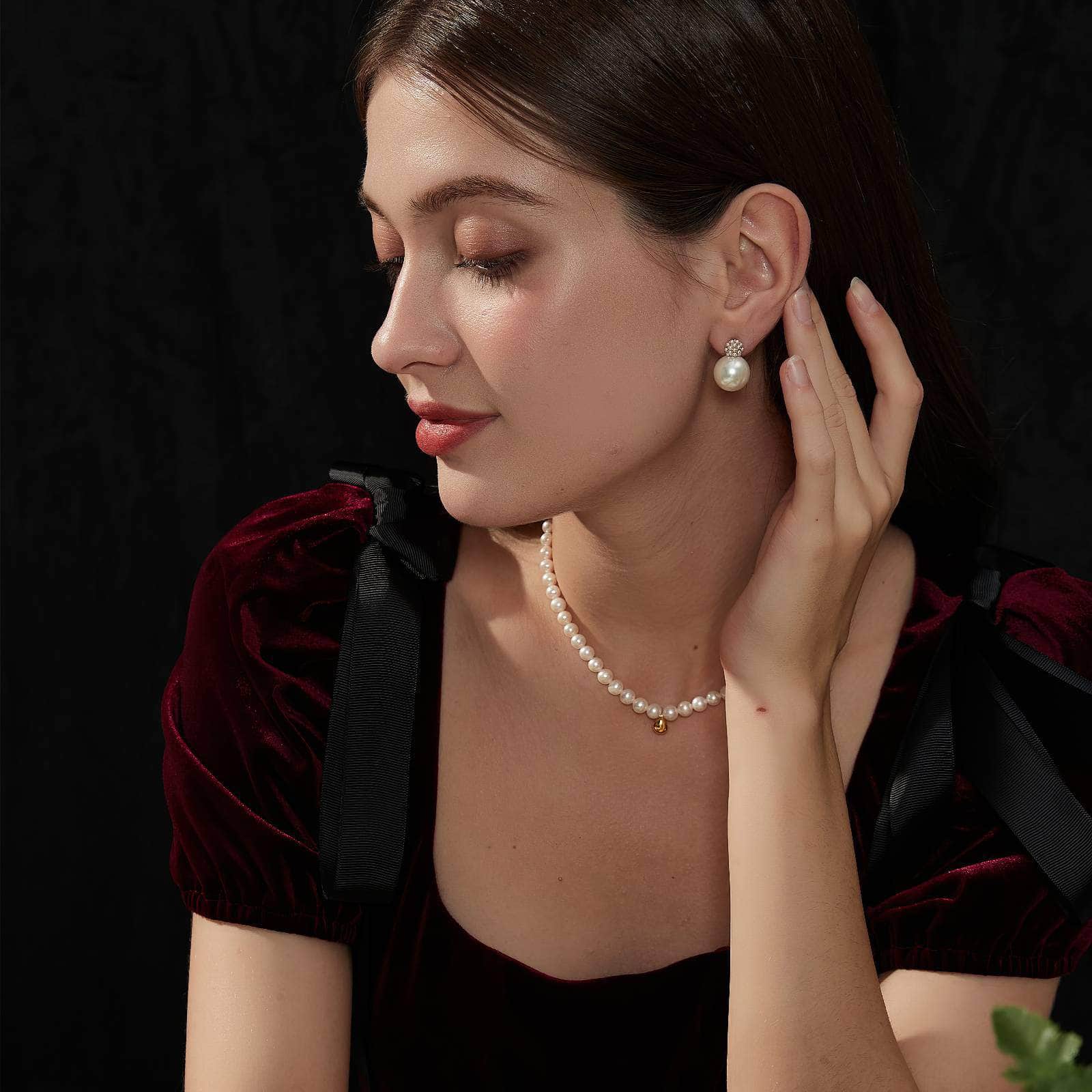 14K Gold Crystal Stones Paved Pearl Studded Earrings