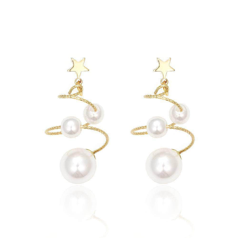 14K Gold Curly Drop Starry Pearl Earrings Clip On