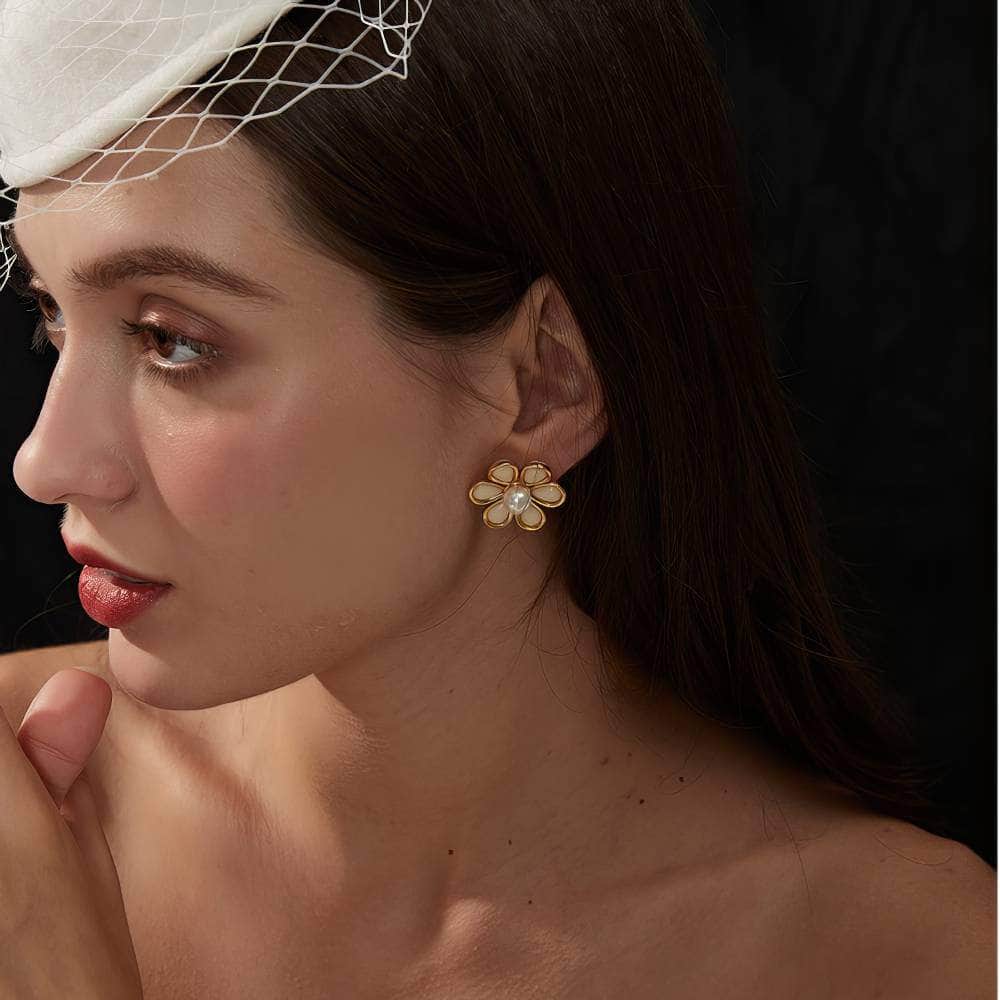 14k Gold Daisy Pearl Embellished Stud Earrings