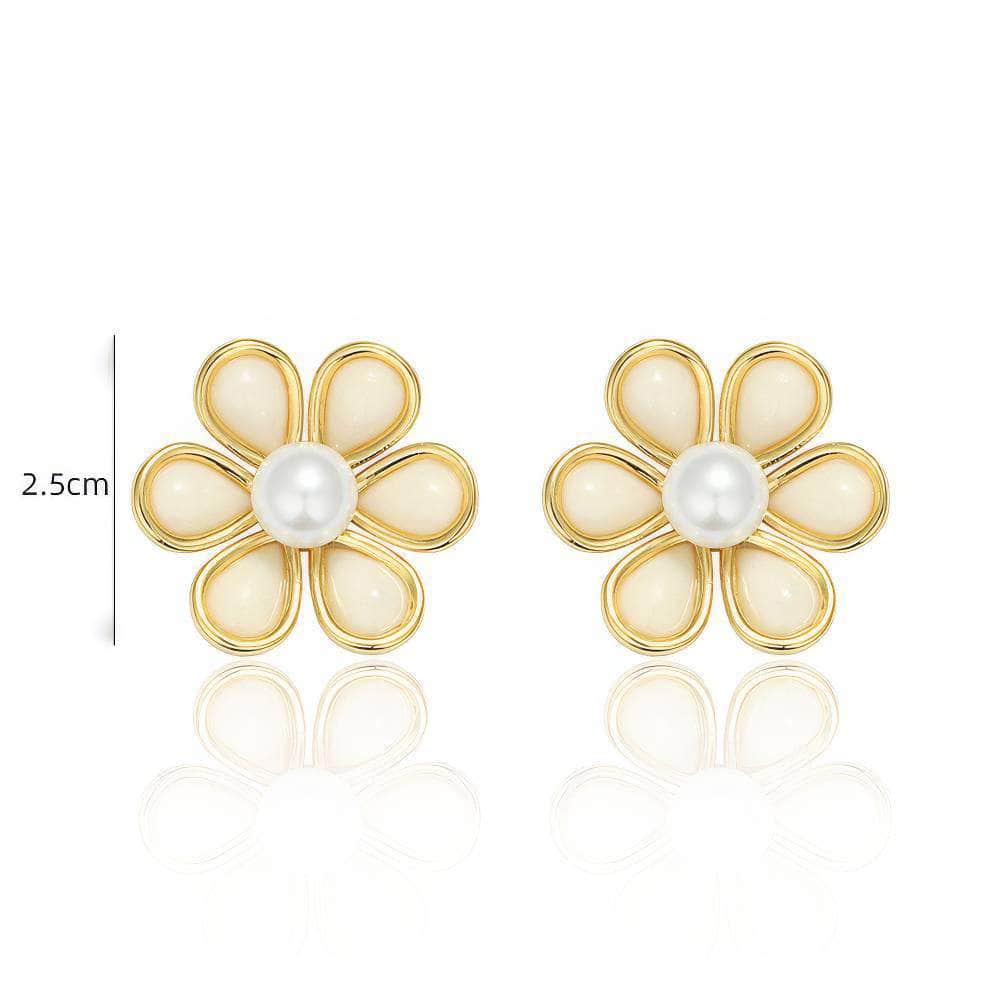 14k Gold Daisy Pearl Embellished Stud Earrings