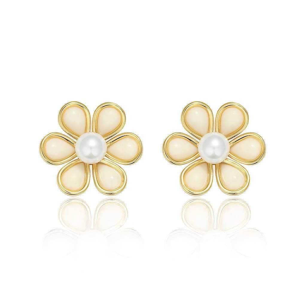 14k Gold Daisy Pearl Embellished Stud Earrings White / Clip On