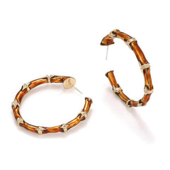 14K Gold Detailed Bamboo Hoop Earrings Brown