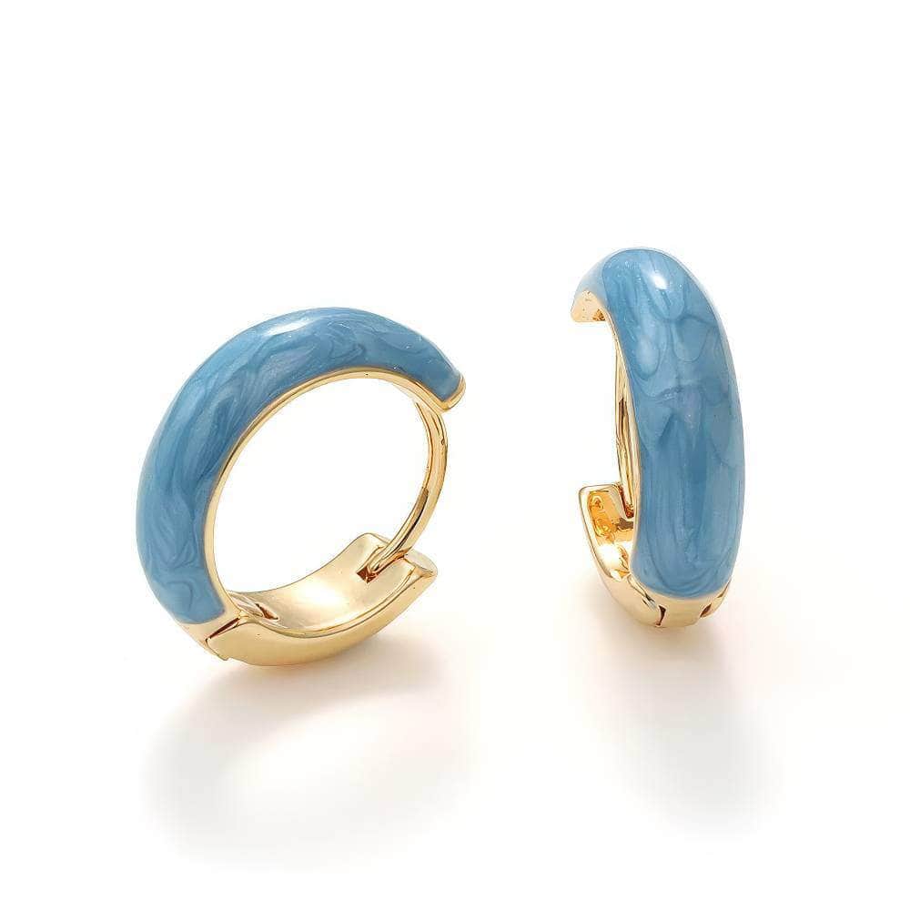 14K Gold Dipped Enamel Hoop Earrings Blue / Clip On