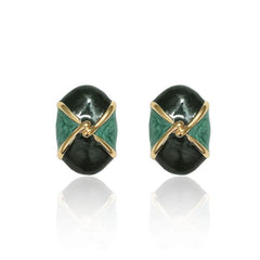 14K Gold Emerald Accented Vintage Stud Earrings DarkGreen / Clip On