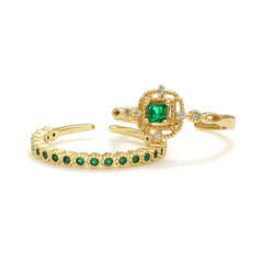 14K Gold Emerald Gemstone Cuff Ring Set Adjustable / Green