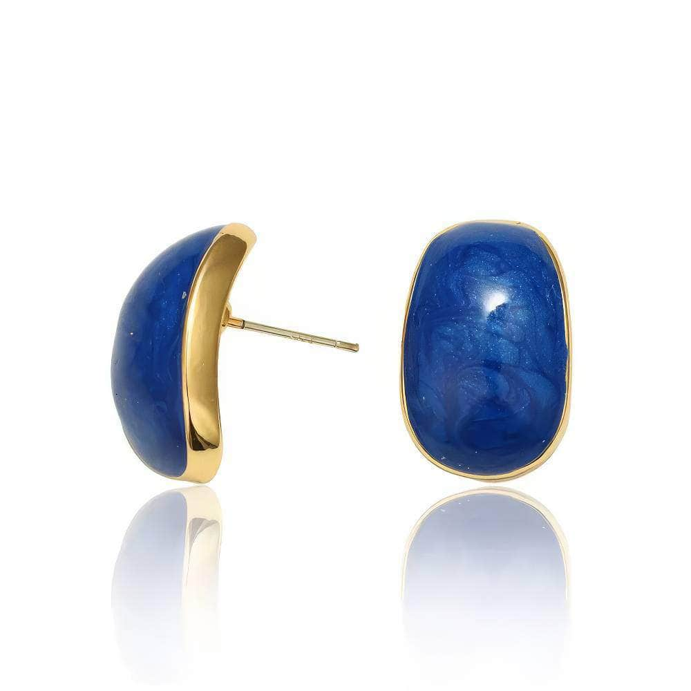 14K Gold Enamel Gemstone Stud Earrings Blue / Clip On