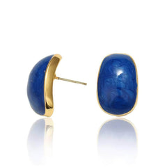 14K Gold Enamel Gemstone Stud Earrings Blue / Clip On